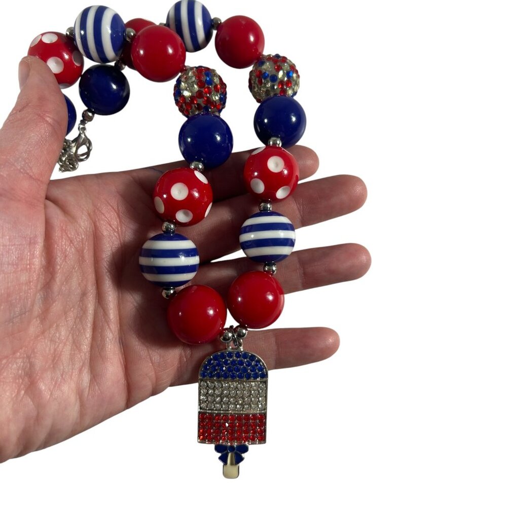Patriotic Popsicle Beaded Rhinestones Necklace Fourth of July Chunky Colorful - Picture 7 of 7